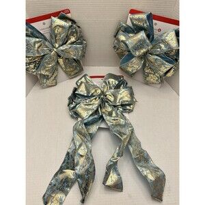 Christmas Tree Bow Ribbon Topper Light Blue & Gold 10” Large Bows Lot Of 3